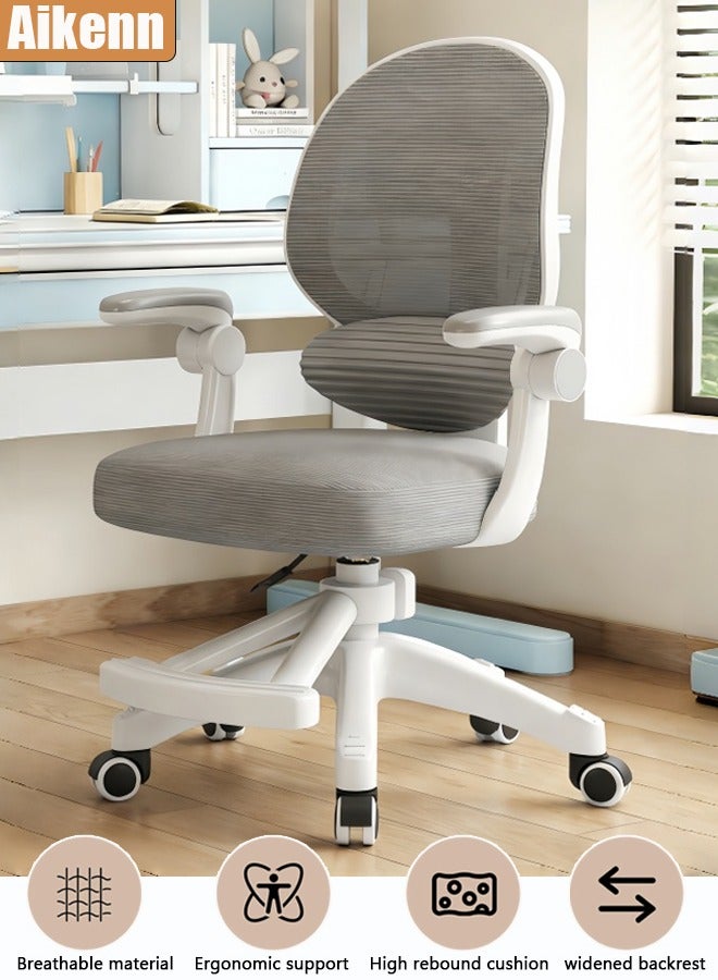 أيكين كرسي دراسة مريح، كرسي مكتب للأطفال مع دعم للظهر ومسند للقدمين، كرسي مكتب قابل لتعديل الارتفاع مع مسند قدمين قابل للرفع، كرسي مكتب وكمبيوتر دوار شبكي مع مساند ذراع قابلة للتعديل رباعية الأبعاد ومسند رأس ثلاثي الأبعاد للدراسة والمكتب - رمادي - Image 1